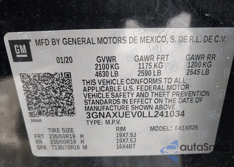 2020 Chevrolet Equinox Awd Lt 1.5L Turbo from USA, damaged, VIN 3GNAXUEV0LL241034